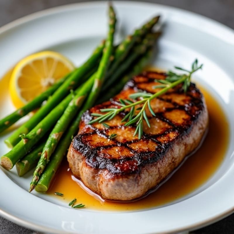 Tender Pan-Seared Steak with Crispy Garlic Roasted Asparagus