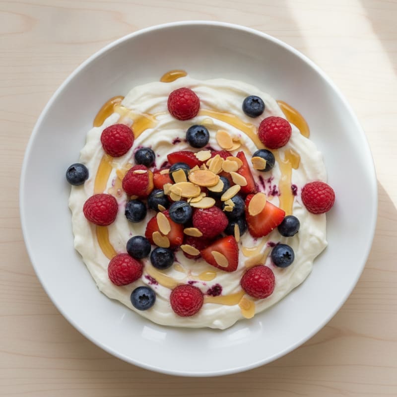 Silky Vanilla Protein Yogurt with Mixed Berries and Almonds
