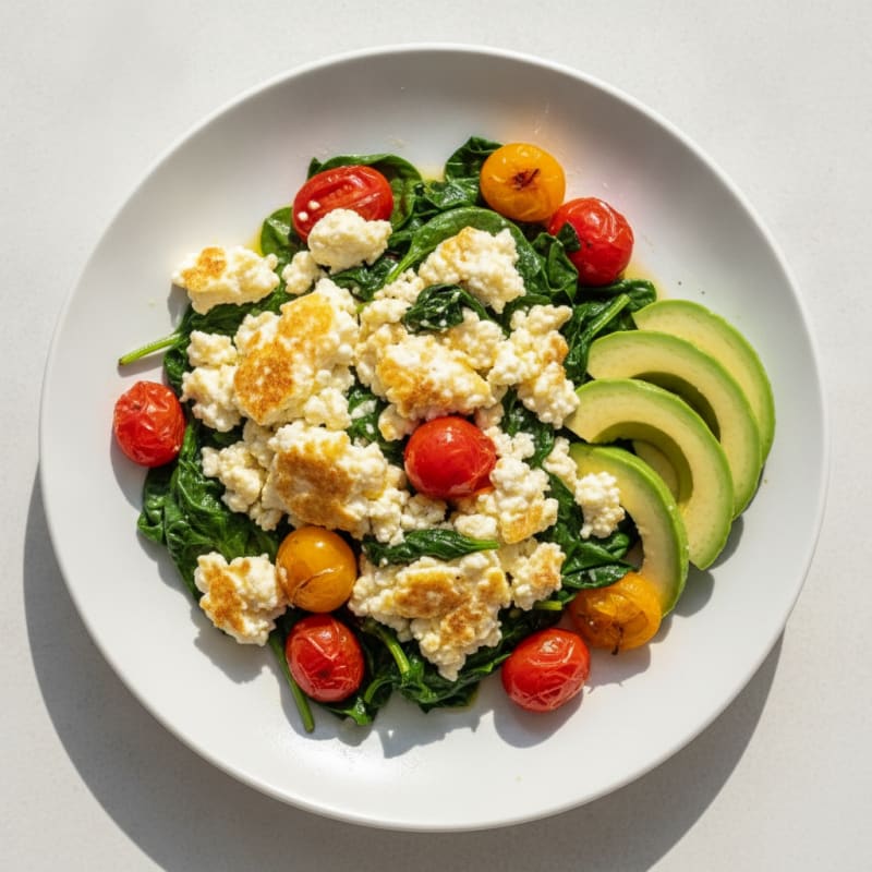 Cottage Cheese Scramble with Sautéed Spinach and Cherry Tomatoes