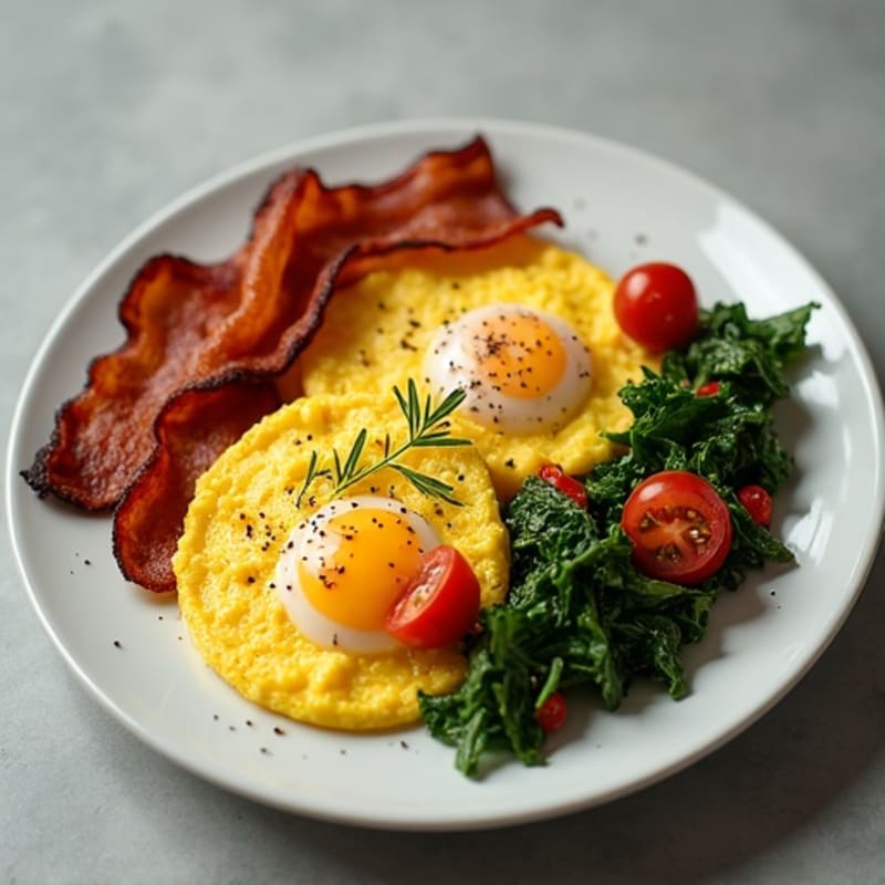 Protein-Packed Scrambled Eggs with Crispy Turkey Bacon and Sautéed Greens