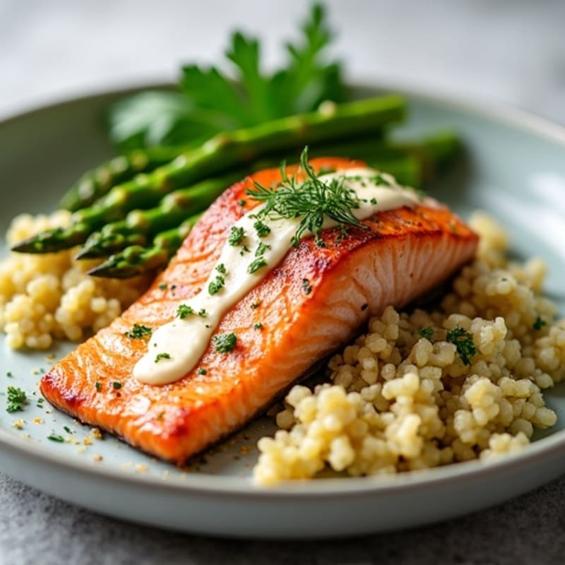 Seared Salmon with Herbed Cauliflower Rice and Asparagus