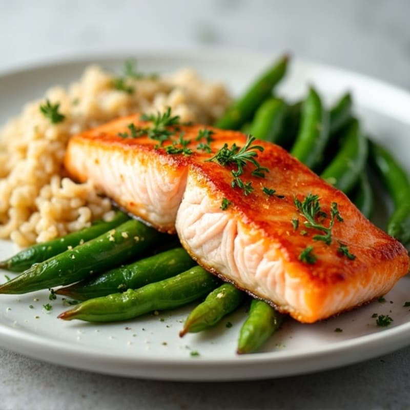 Seared Salmon with Garlic Green Beans and Herbed Brown Rice
