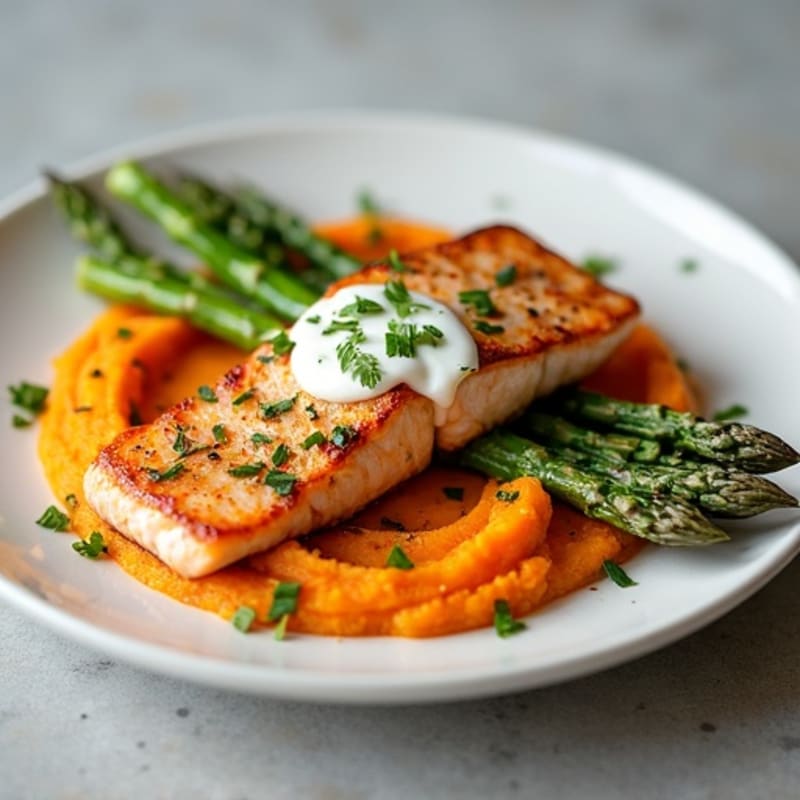 Seared Salmon with Roasted Asparagus and Sweet Potato Mash