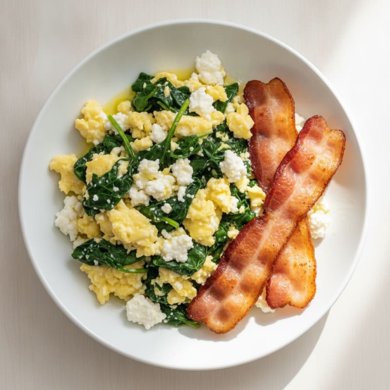 Cottage Cheese Scramble with Spinach and Turkey Bacon