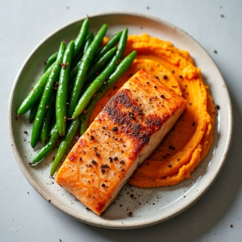 Seared Salmon with Steamed Green Beans and Sweet Potato Mash