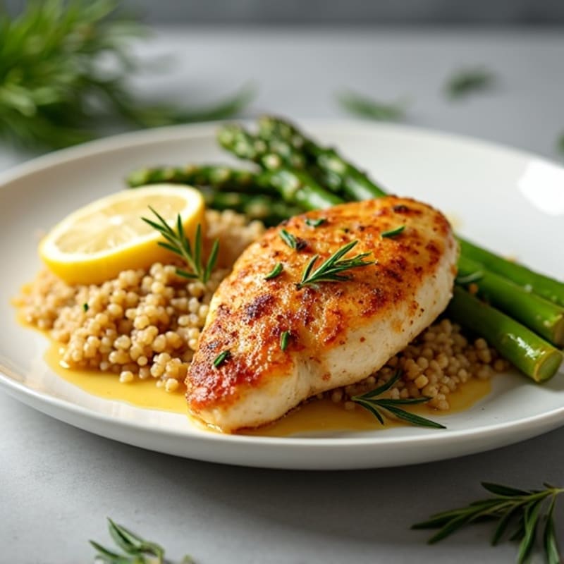 Crispy Lemon-Herb Roasted Chicken with Roasted Asparagus and Quinoa