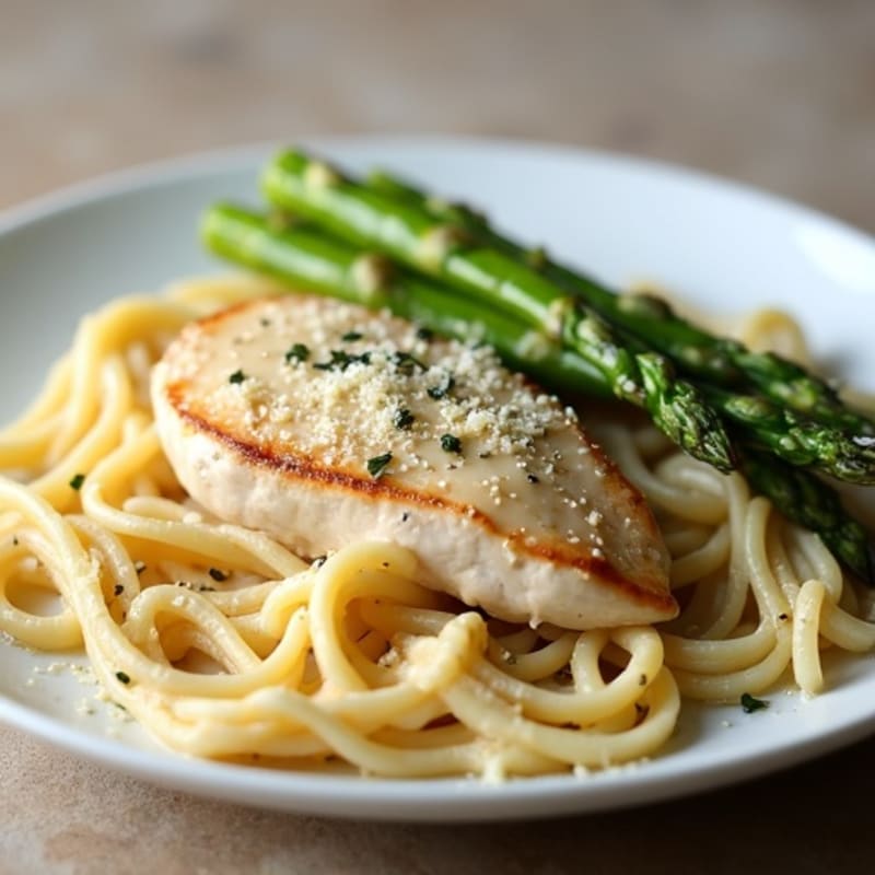 Lighter Creamy Chicken Alfredo with Roasted Asparagus
