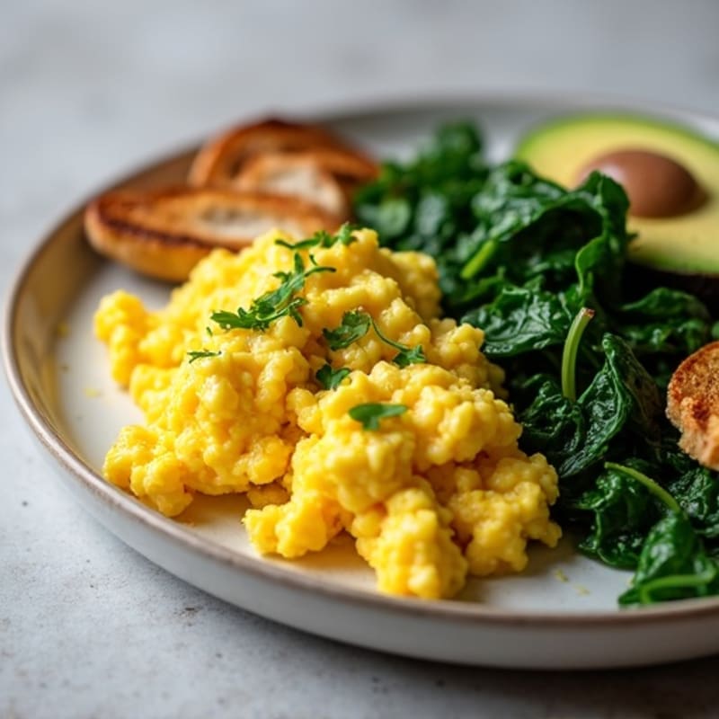 Scrambled Eggs with Sautéed Spinach and Grilled Chicken Breast