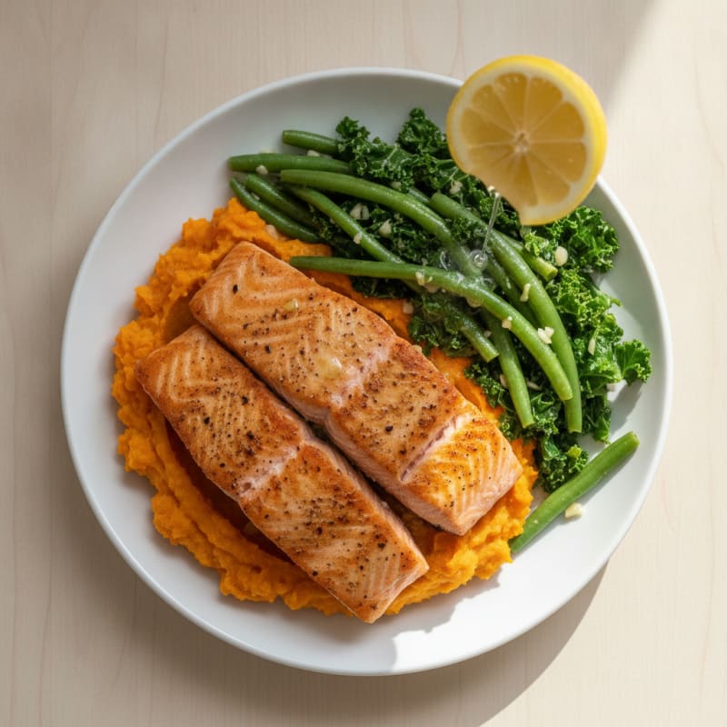 Seared Salmon with Garlic Green Beans and Sweet Potato Mash