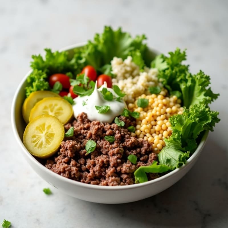 Lean Ground Beef Bowl with Fresh Greens, Dill Pickles, and Creamy Special Sauce