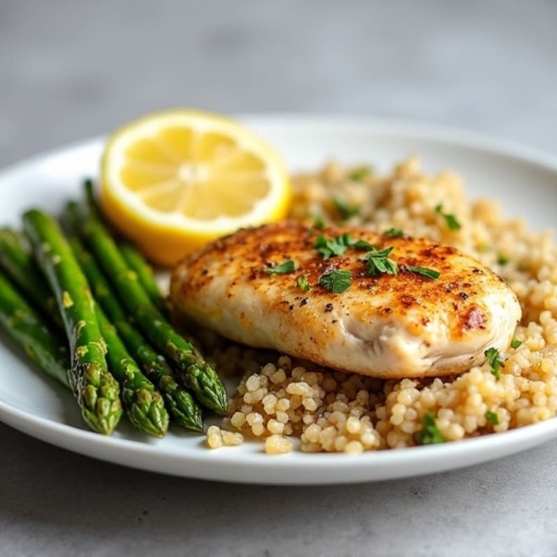 Lemon-Garlic Pan-Seared Chicken with Roasted Asparagus and Quinoa