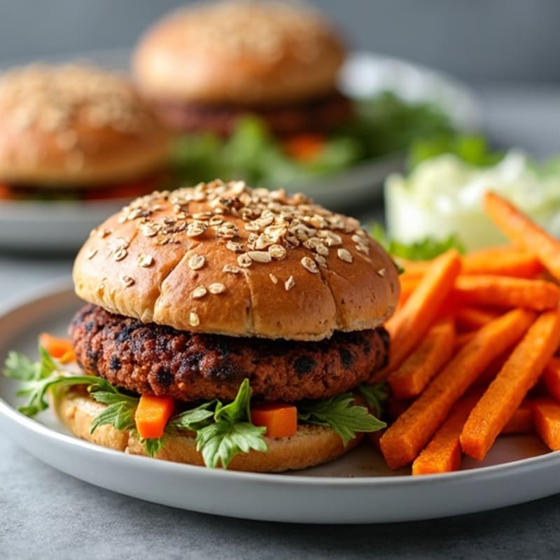 Spicy Black Bean Burgers with Crispy Sweet Potato Fries and Fresh Slaw