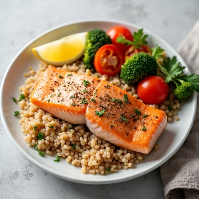 Fresh Salmon with Seasoned Brown Rice and Crispy Vegetables