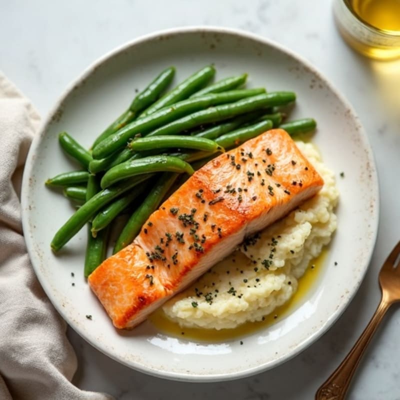 Seared Salmon Fillet with Garlic Green Beans and Cauliflower Mash