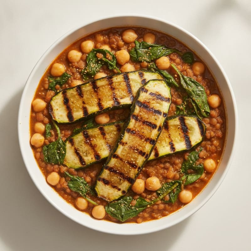 Lentil and Chickpea Stew with Spinach and Grilled Zucchini