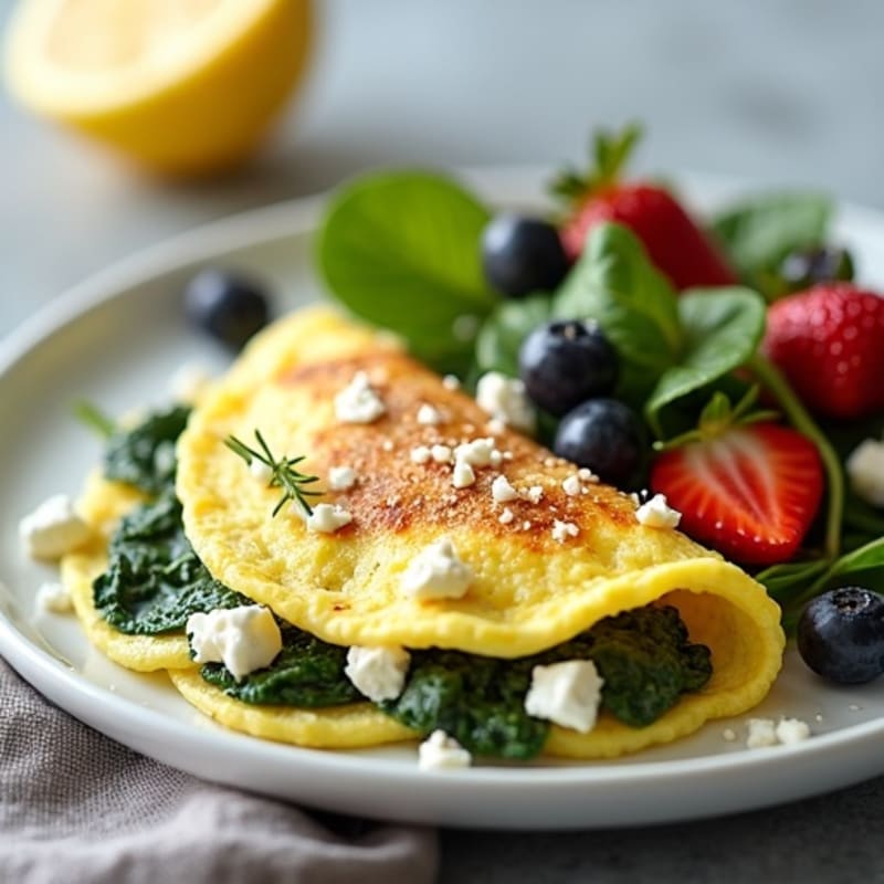 Egg White Spinach Omelet with Fresh Berries and Mixed Greens Salad