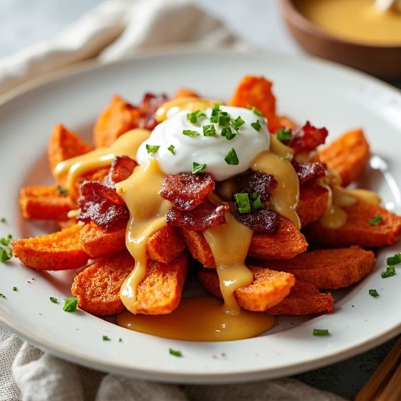 Crispy Roasted Sweet Potato Fries with Smoky Bacon and Cheesy Drizzle
