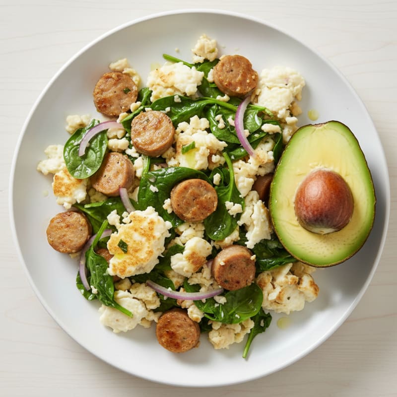 Egg White Scramble with Turkey Sausage and Sautéed Spinach