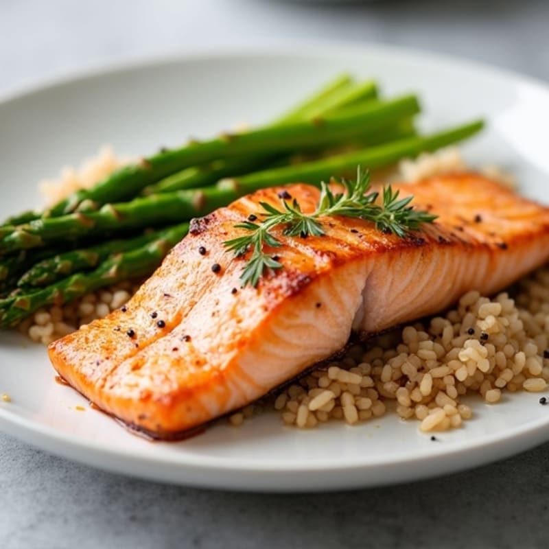 Seared Salmon Fillet with Steamed Asparagus and Brown Rice