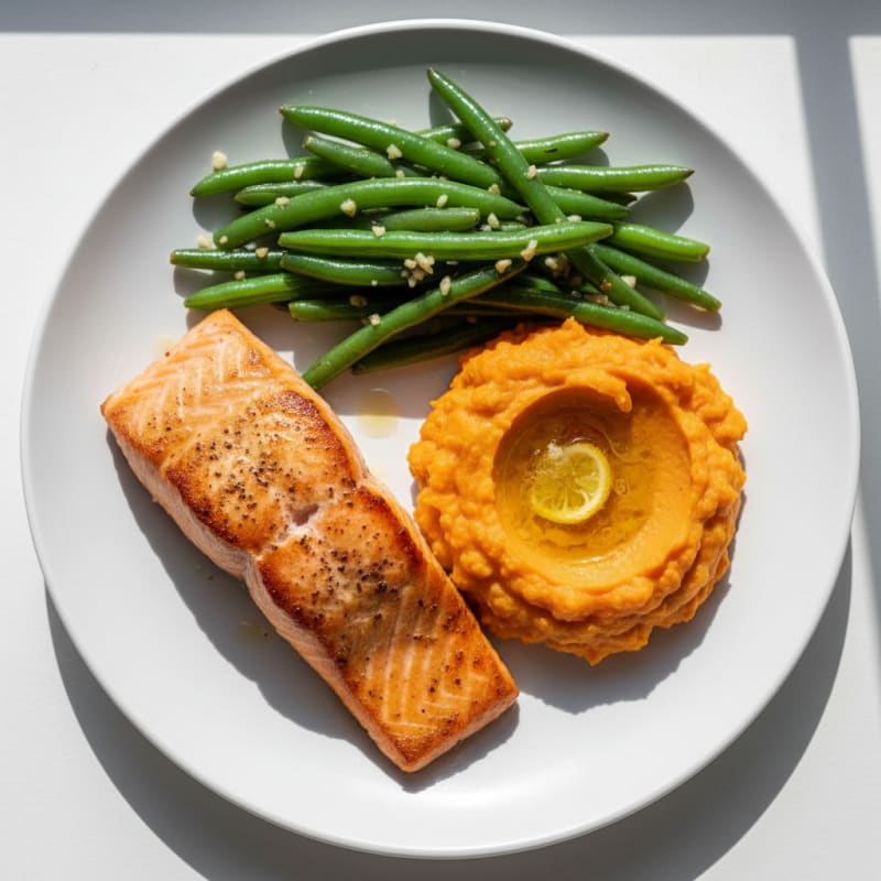 Seared Salmon with Garlic Green Beans and Sweet Potato Mash