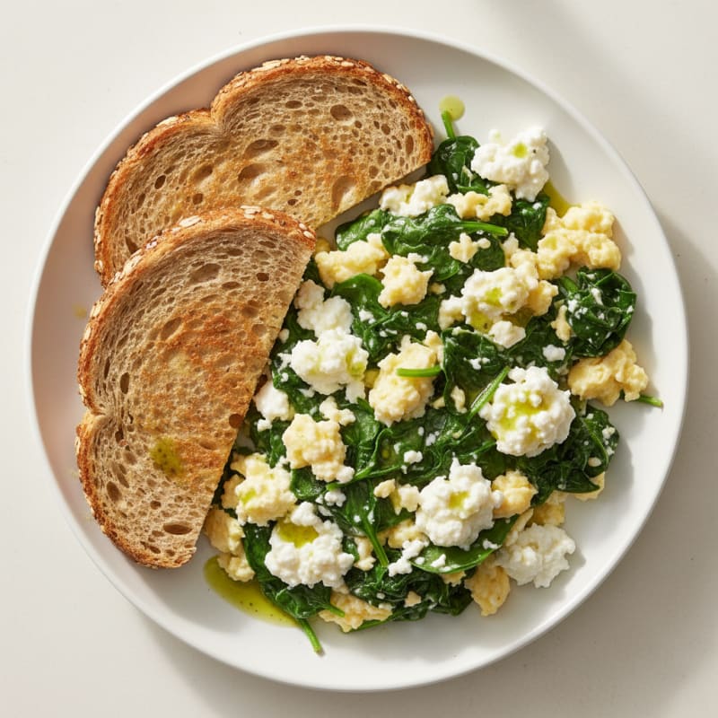 Scrambled Eggs with Cottage Cheese and Sautéed Spinach