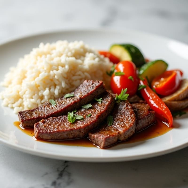 Seared Beef Strips with Steamed Rice and Sautéed Vegetables