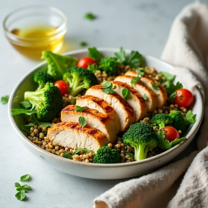 Grilled Chicken Breast Salad with Quinoa and Roasted Broccoli