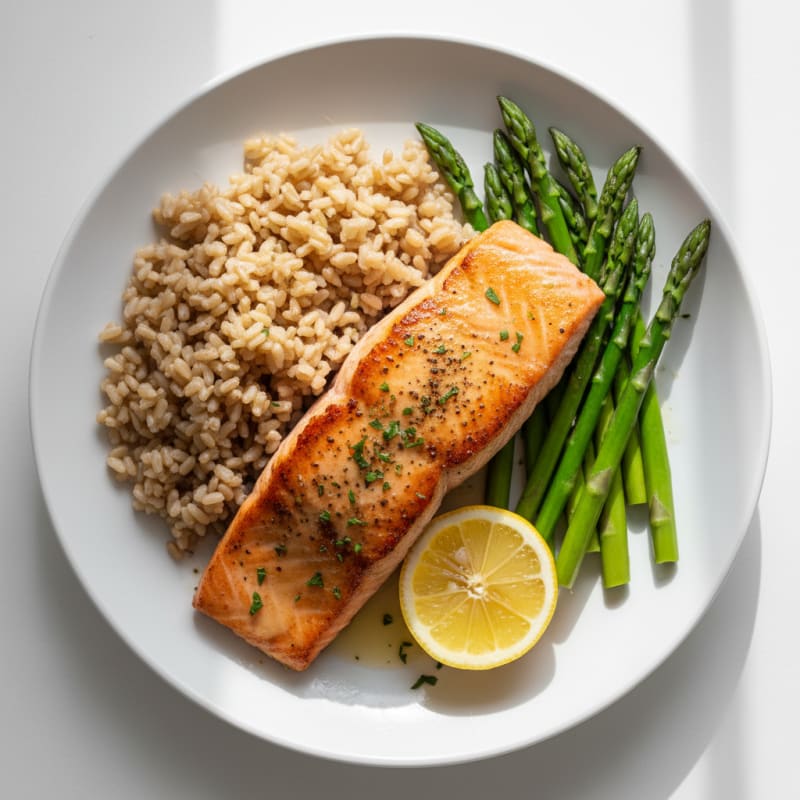 Seared Salmon with Steamed Asparagus and Brown Rice