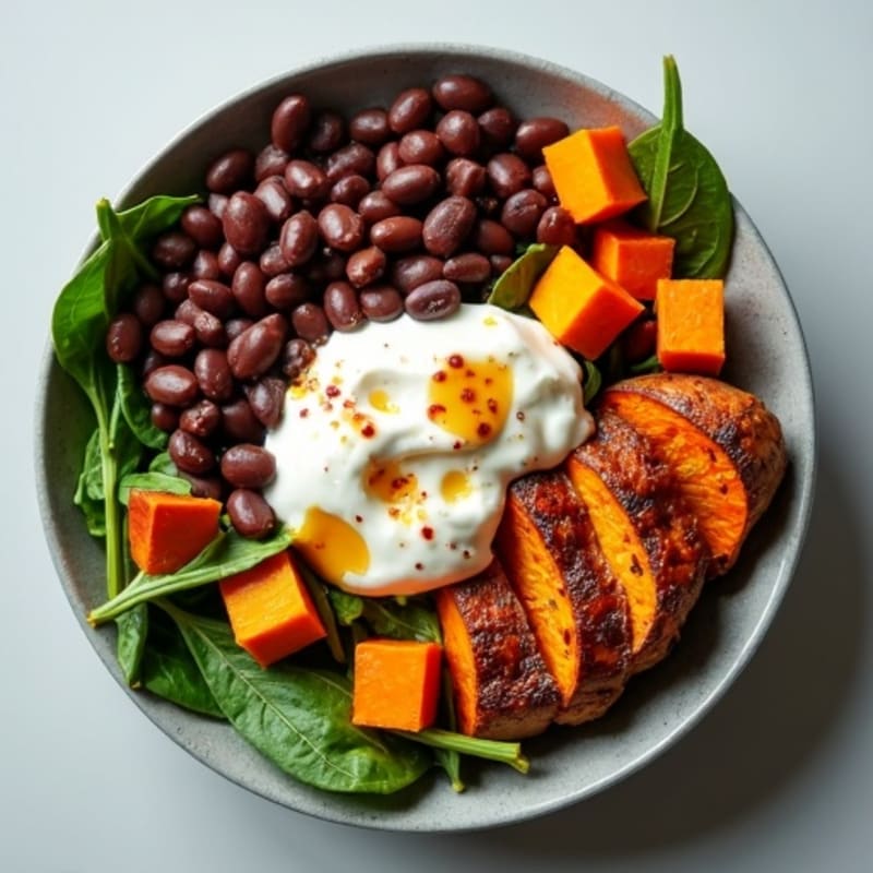 Roasted Sweet Potato and Chicken Power Bowl with Creamy Chipotle Drizzle