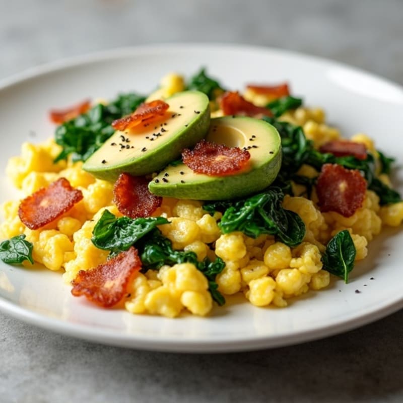 Crispy Turkey Bacon and Egg White Scramble with Sautéed Spinach