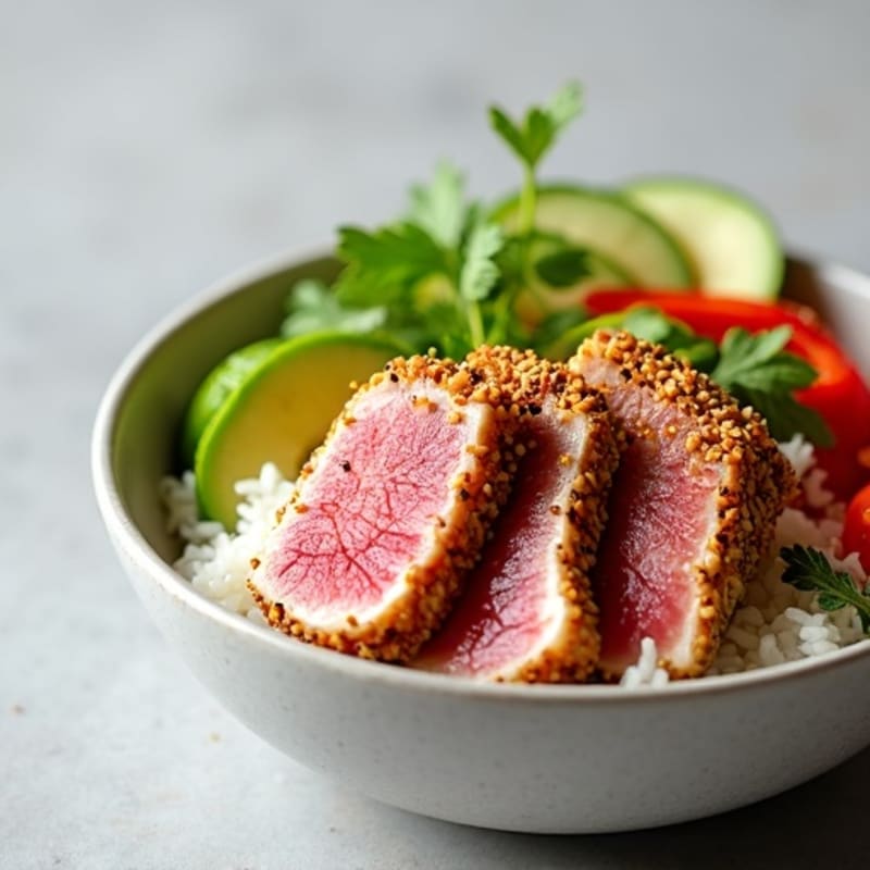 Sesame-Crusted Tuna Rice Bowl with Fresh Vegetables