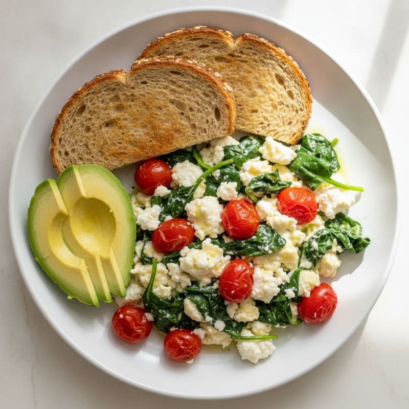 Cottage Cheese Egg White Scramble with Spinach and Cherry Tomatoes