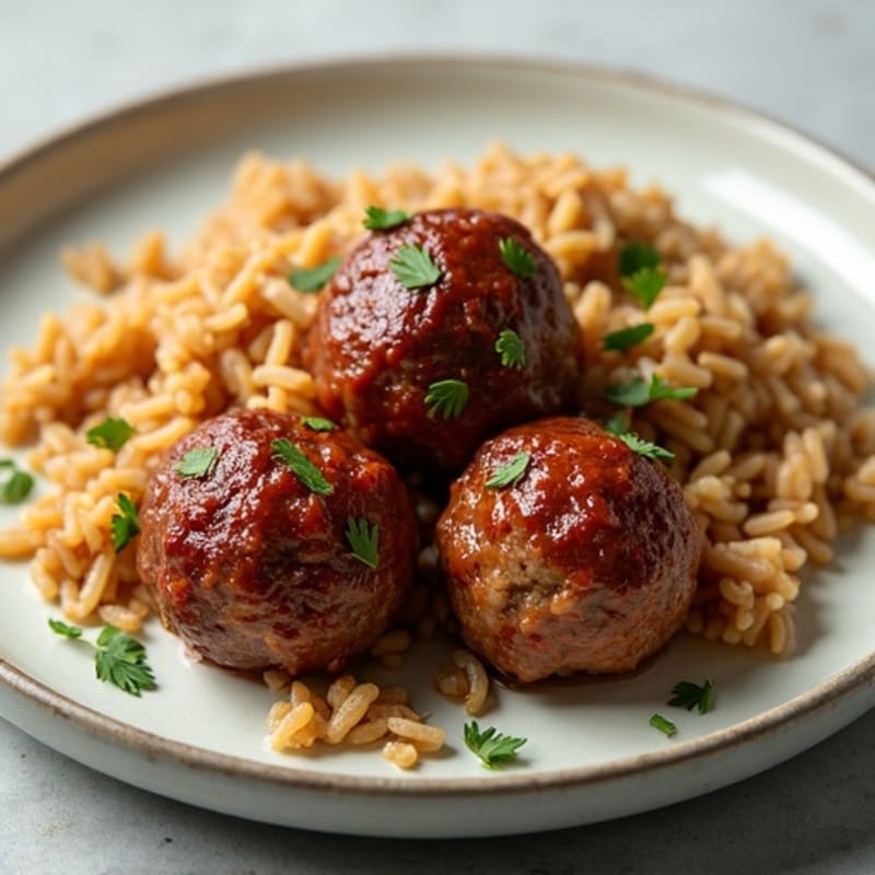 Lean Garlic-Herb Beef Meatballs with Steamed Brown Rice