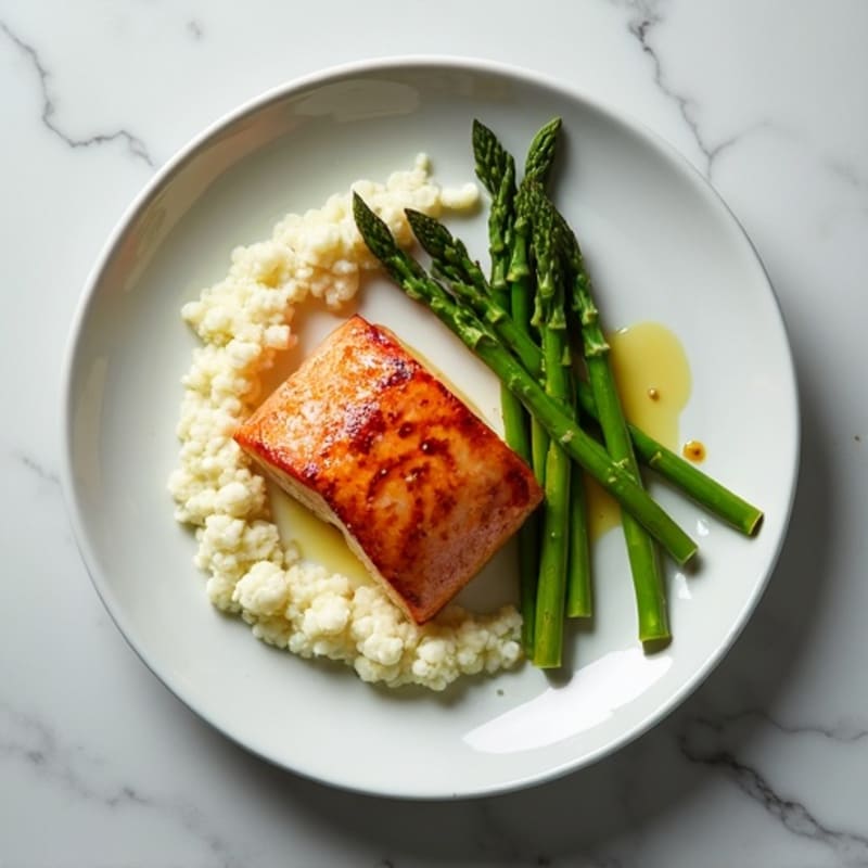 Seared Salmon with Steamed Asparagus and Cauliflower Mash