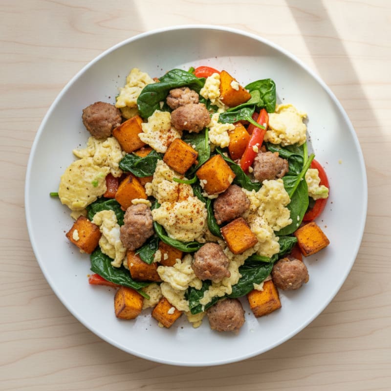 Egg White Scramble with Turkey Sausage and Roasted Sweet Potato