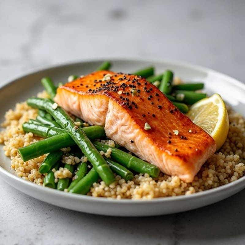Seared Salmon Fillet with Garlic Green Beans and Quinoa Pilaf