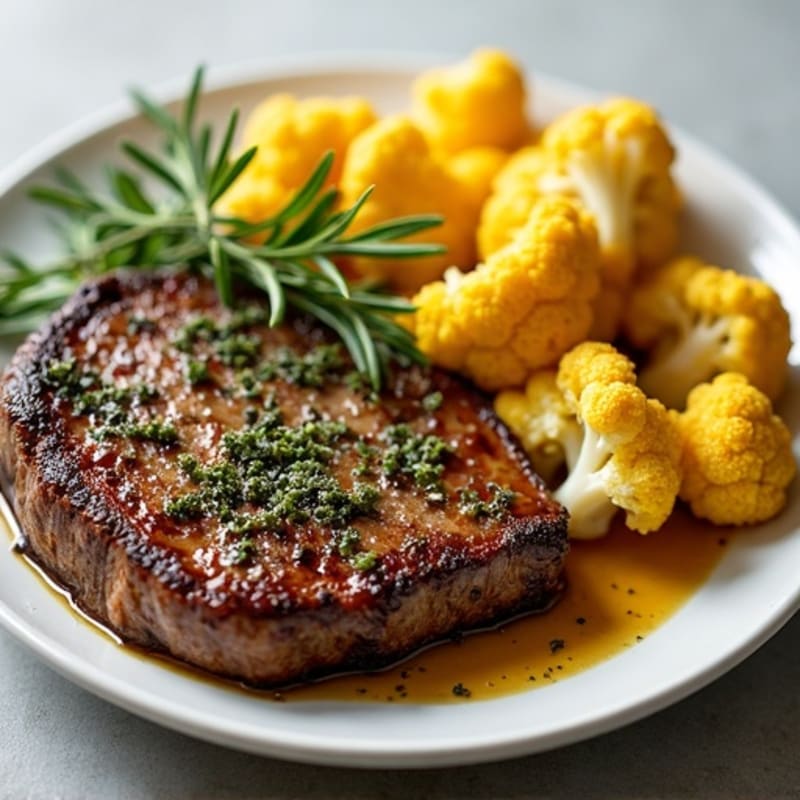 Herb-Crusted Pan Seared Steak with Roasted Garlic Cauliflower