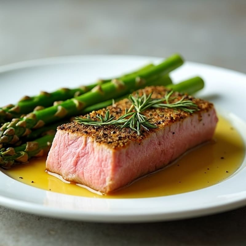 Herb-Crusted Eye Fillet with Roasted Asparagus