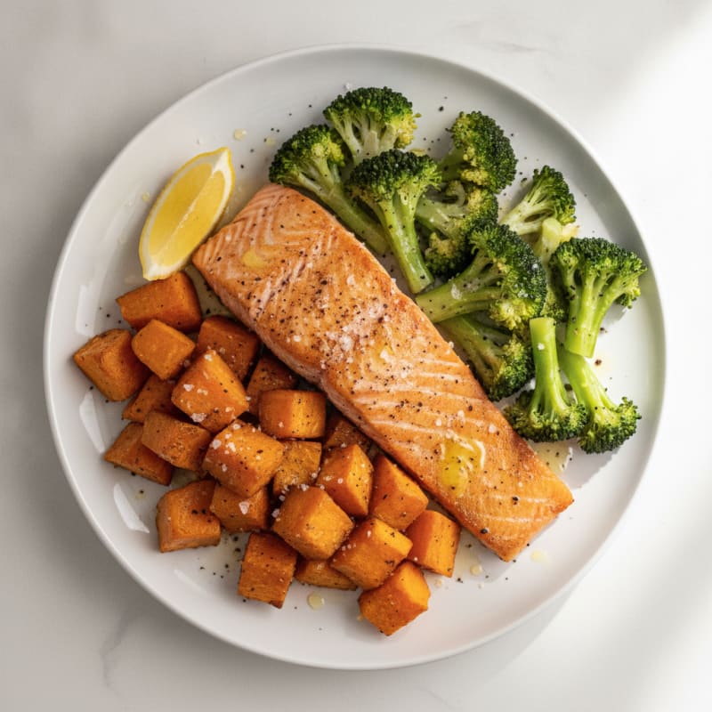 Seared Salmon with Roasted Sweet Potato and Steamed Broccoli