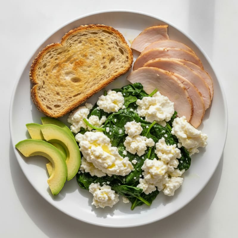 Egg White Spinach Scramble with Cottage Cheese and Sliced Turkey