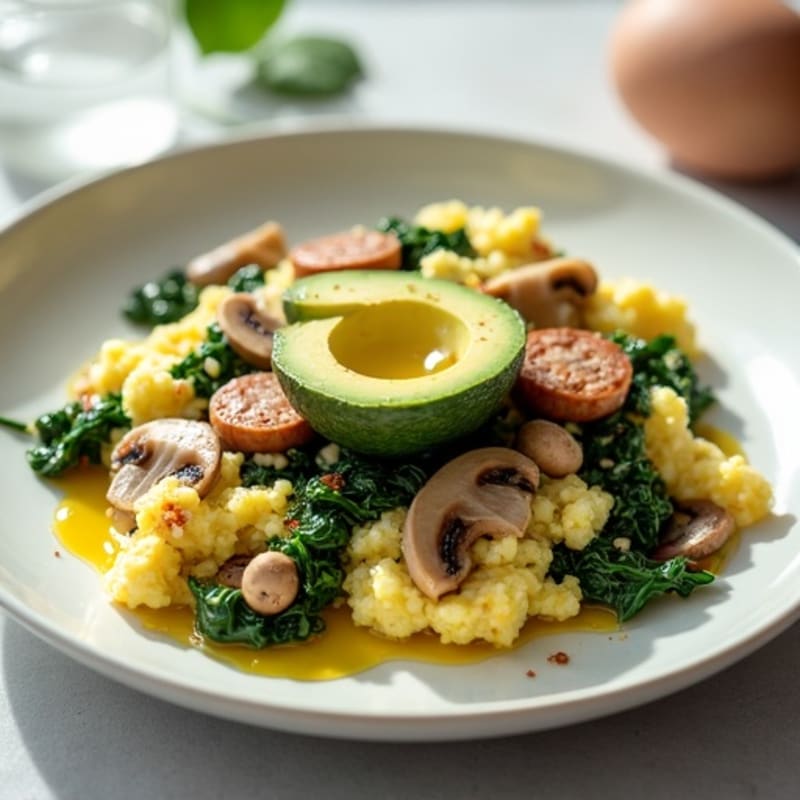 Egg White Spinach Scramble with Turkey Sausage and Sautéed Mushrooms