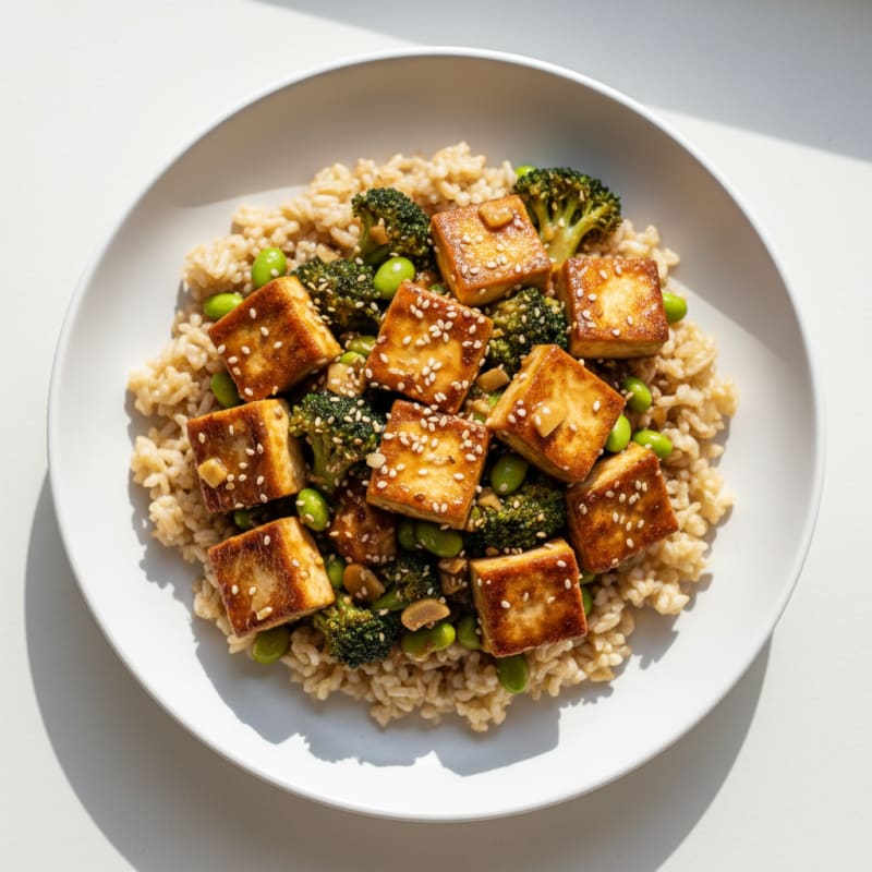 Seared Tofu Stir-Fry with Steamed Rice and Broccoli