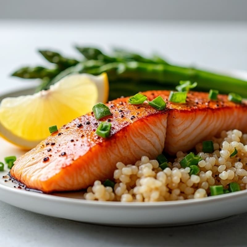 Seared Salmon Fillet with Steamed Asparagus and Brown Rice