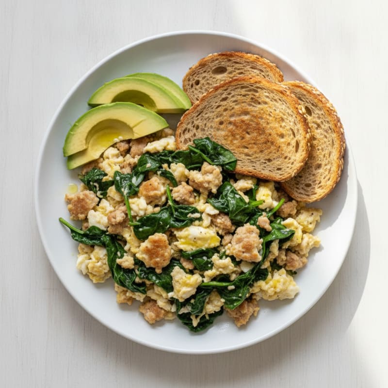 Egg White and Turkey Sausage Scramble with Sautéed Spinach