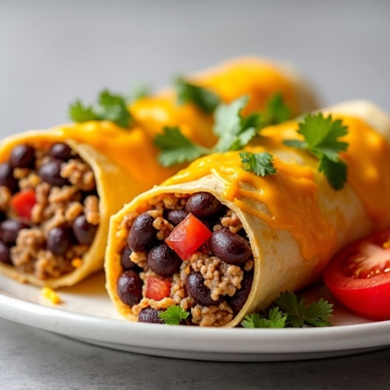 Cheesy Lean Ground Beef and Black Bean Baked Tortilla Rolls