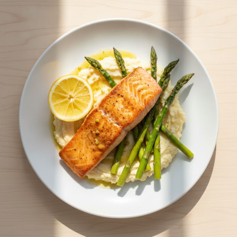 Seared Salmon with Roasted Asparagus and Cauliflower Mash