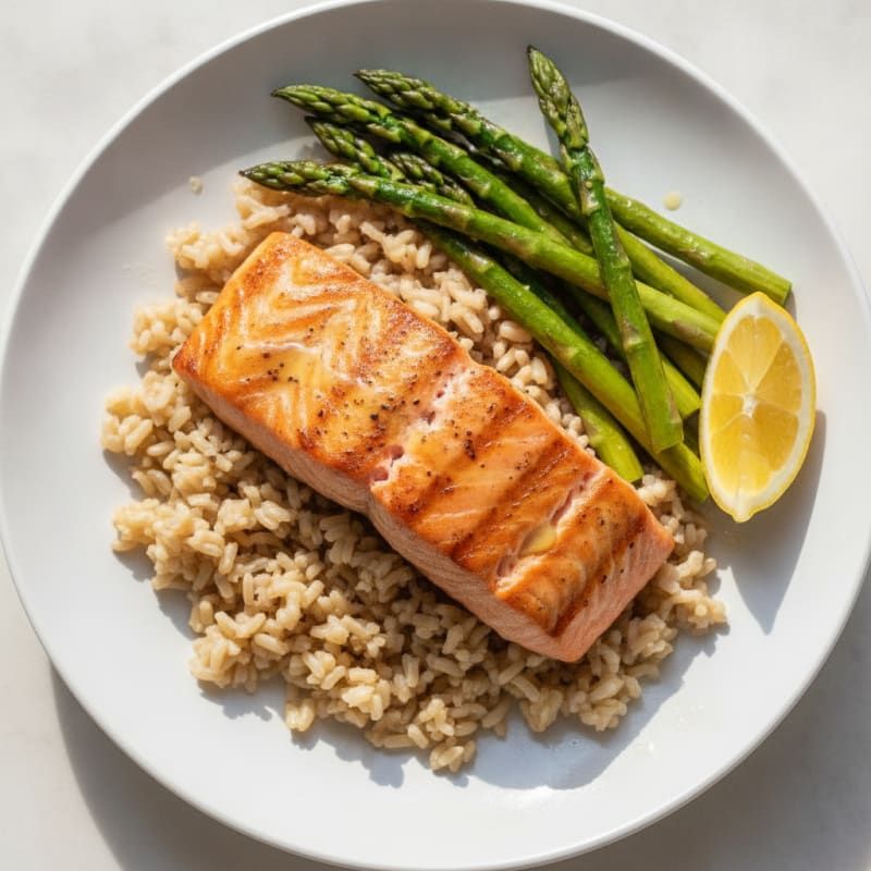 Seared Salmon Fillet with Steamed Asparagus and Brown Rice