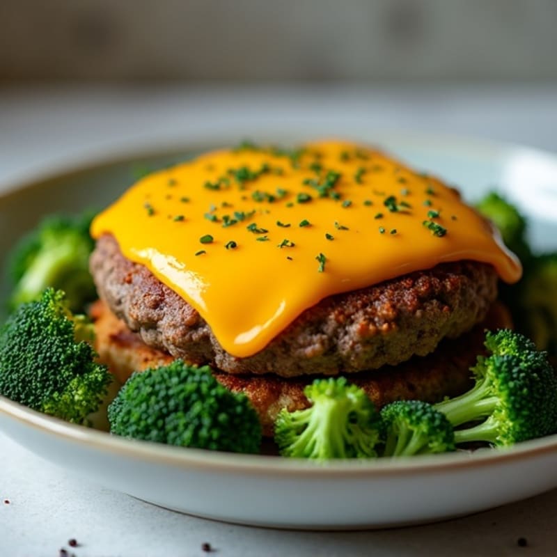 Lean Beef Burger Patties with Melted Sharp Cheddar and Crispy Roasted Broccoli