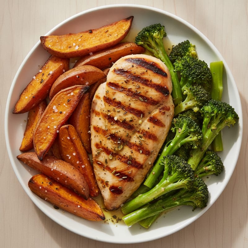 Grilled Chicken Breast with Roasted Sweet Potatoes and Steamed Broccoli