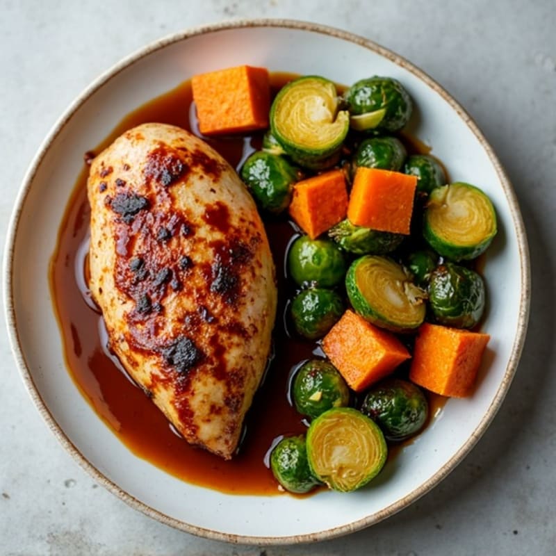 Balsamic Glazed Chicken and Brussels Sprouts with Roasted Sweet Potatoes